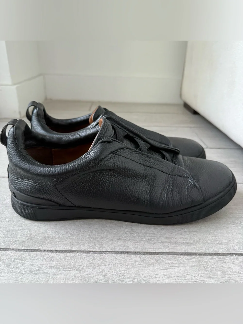 Triple Stitch Black Leather Men's Sneakers